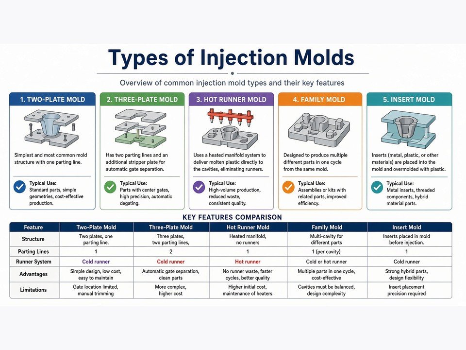 Injection mold tooling showing cavity, core, and mold construction